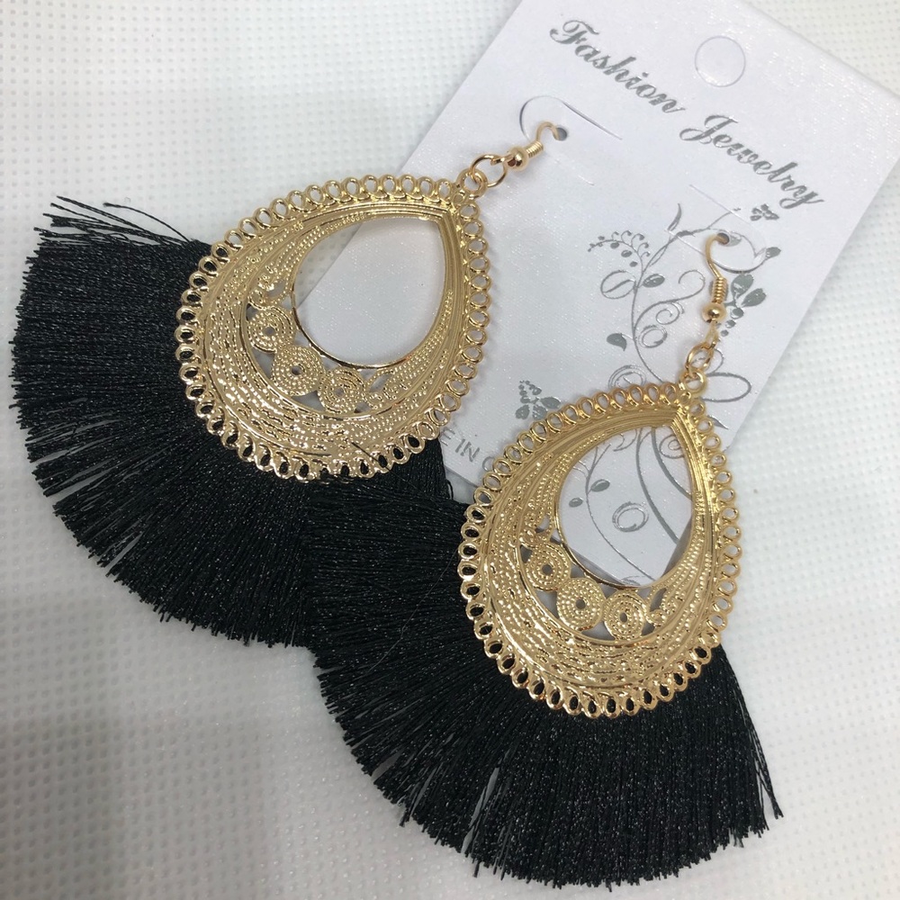 Black Fan Tassel Fringe Earrings ✨Free Hoops Gift✨